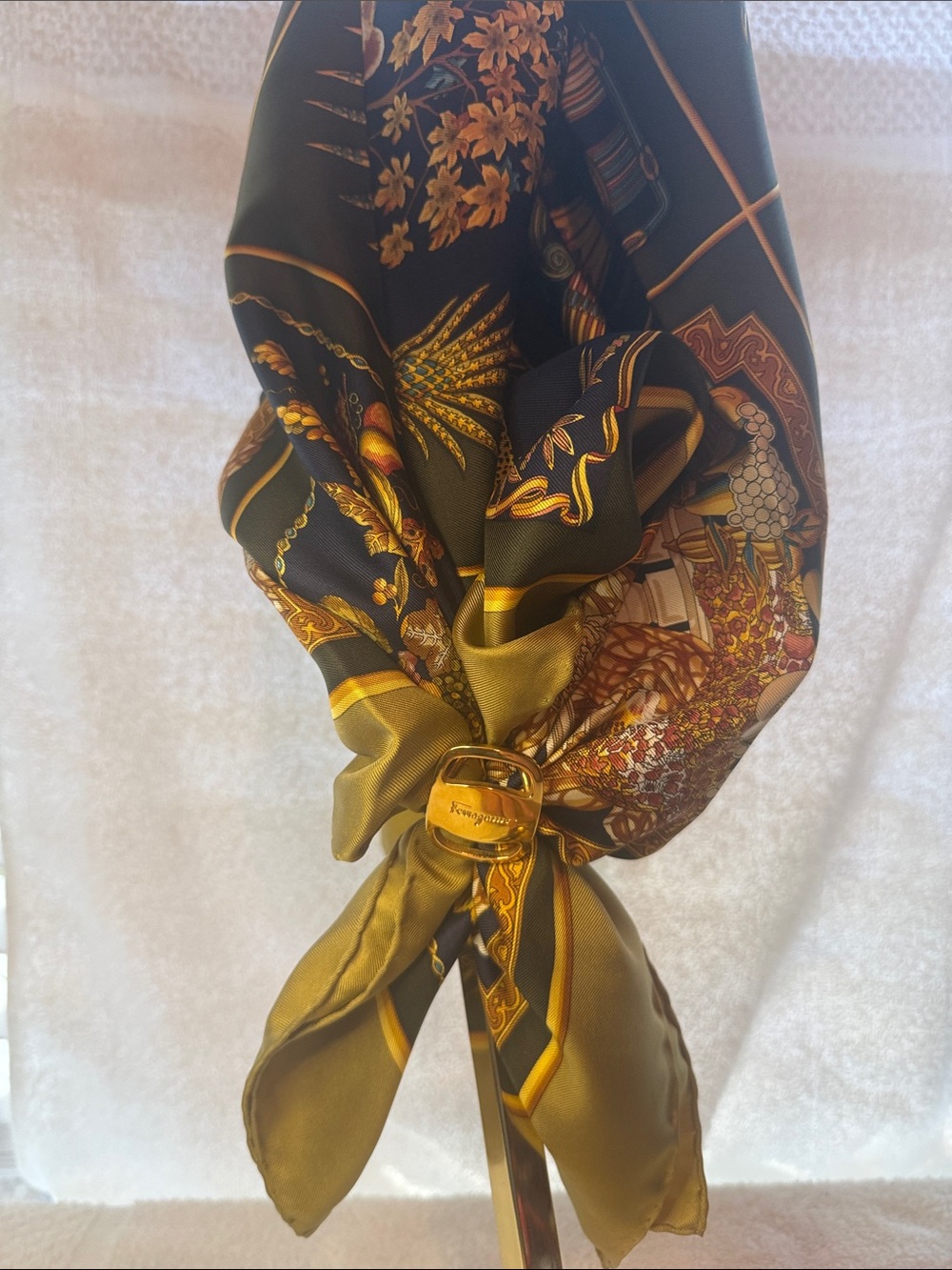 Salvatore Ferragamo Silk Scarf Olive Leopard with Ferragamo Scarf Ring